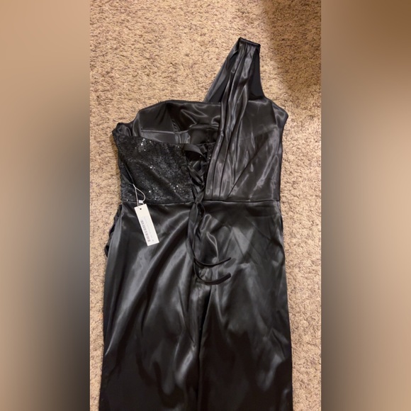One shoulder black, hand beaded satin XXL corset back, formal dress - Picture 5 of 6